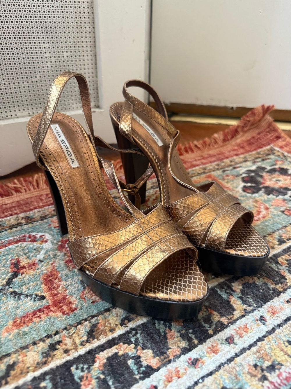 Via Spiga Bronze Snake-Embossed y2k Platform Slingback Heels